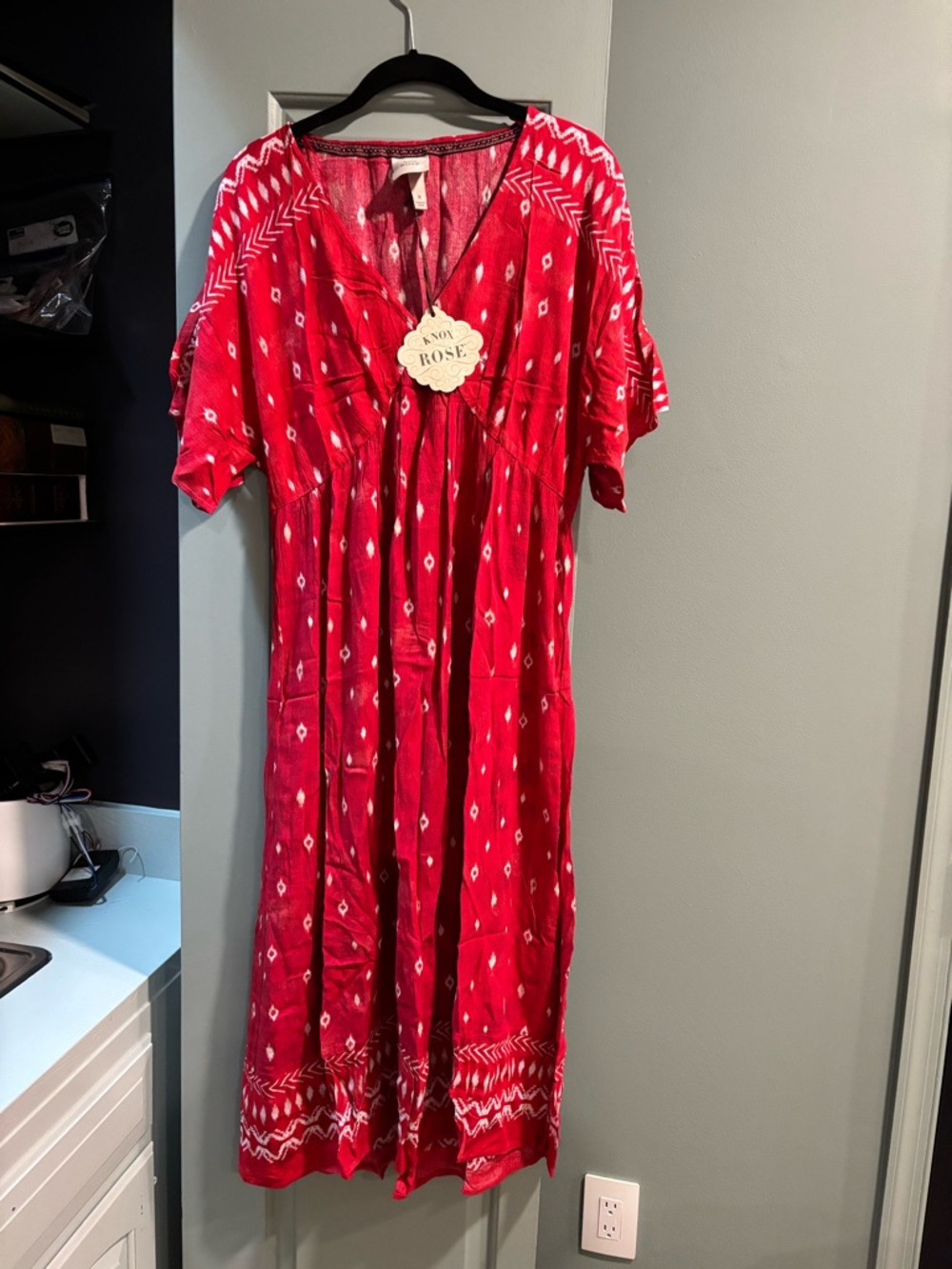 Knox Rose Red V-Neck Maxi Dress with White Ikat Print